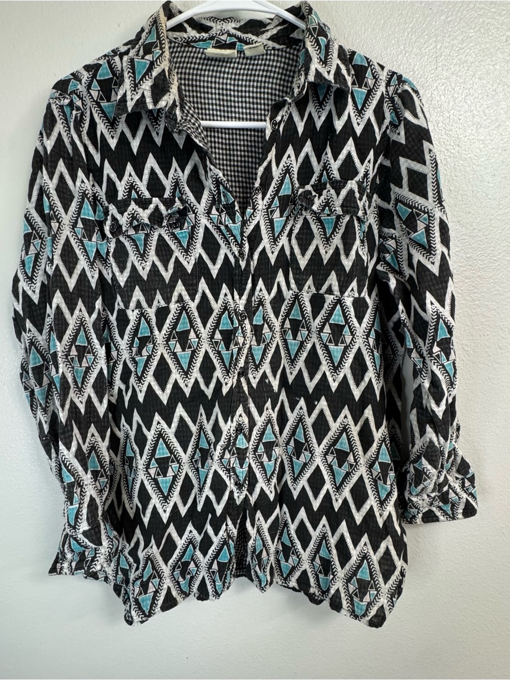 Black & White Aztec Button-Up Shirt with Teal Accents